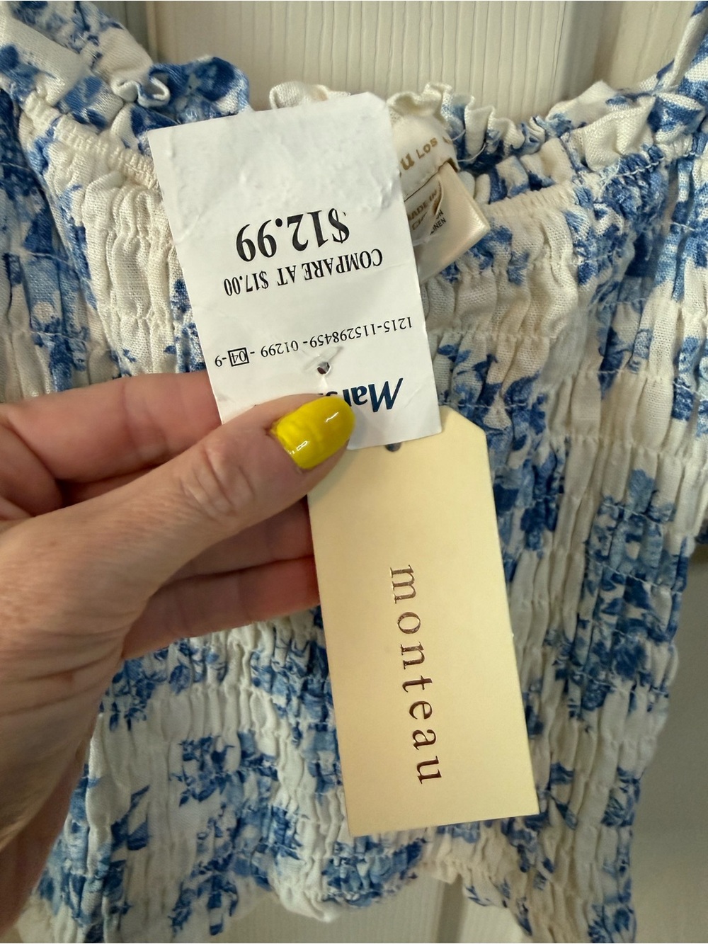 Monteau Ruched White Crop Top with Blue Floral Print Puff Sleeve Size Medium NEW - Picture 6 of 8